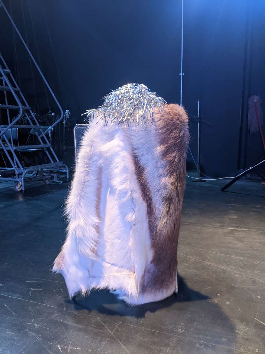 The reindeer skin draped upright on a chair, crowned with silver tinsel